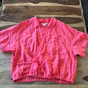 Athleta Red 100% Linen Short Sleeve Wrap Blouse - Size XL